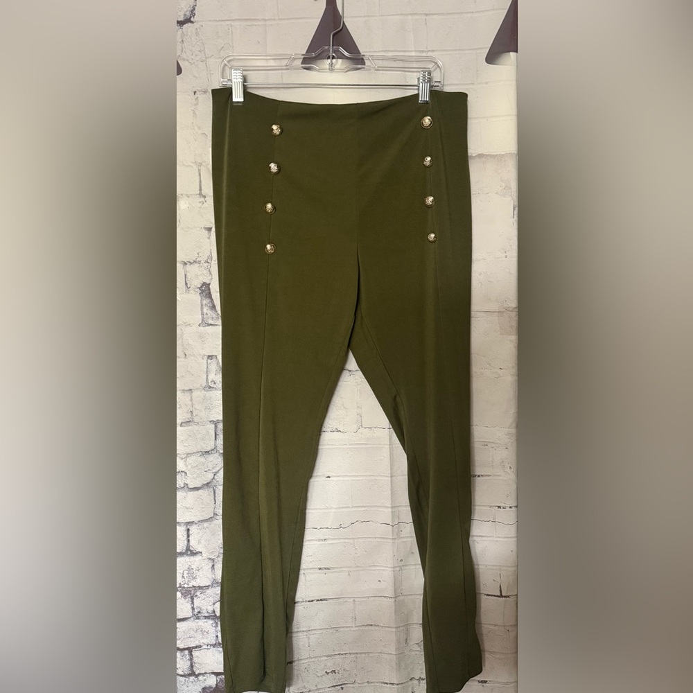Olive Green Pants with Gold Button Accents